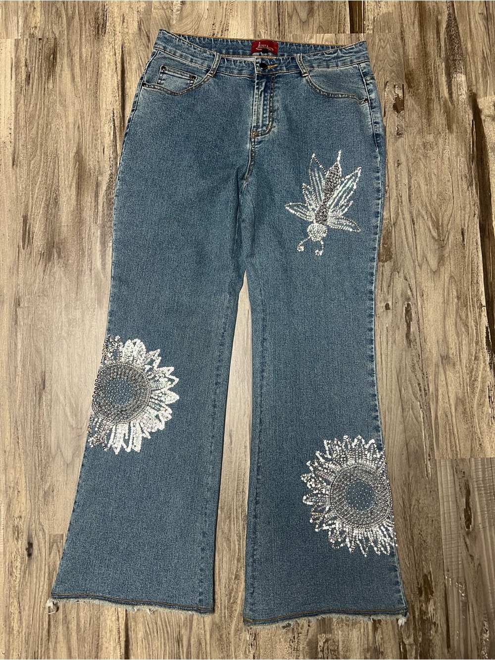 Vintage Azita Beaded Sunflower Bug Flare Jeans Raw Hem Stretch 10